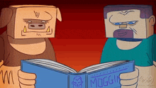 two cartoon characters reading a book titled mogging
