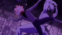 a man with a knife in his hand is fighting another man without a shirt on