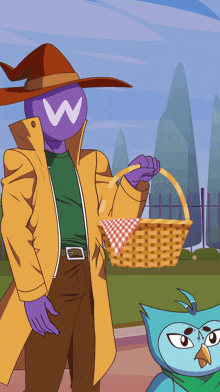 a cartoon drawing of a man with a w on his face holding a basket