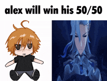 a drawing of a boy next to a picture of a man with the words alex will win his 50/50 on the bottom