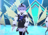 a cartoon character with purple hair is standing in front of a geometric background