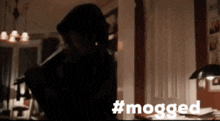 a person standing in a dark room with the words #mogged on the bottom right