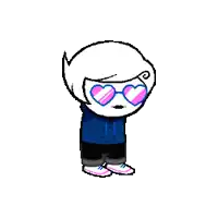 a pixel art of a girl wearing a blue shirt and pink sunglasses .