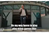a man in a suit is running in front of a building and says on my way home to play video games like .
