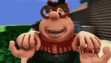 a cartoon character with glasses and braces on his teeth is smiling and holding his hands out .