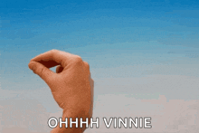 a hand is holding something in front of a blue sky and the words ohhhh vinnie are below it