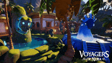 a video game called voyagers of nera shows a house and a waterfall