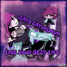 sato saturday live your best life is written on the purple background