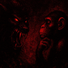 a monkey and a werewolf are standing next to each other in the dark .