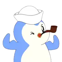 a blue and white penguin wearing a sailor hat smoking a pipe