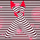 an optical illusion of a woman 's legs in striped tights and red shoes