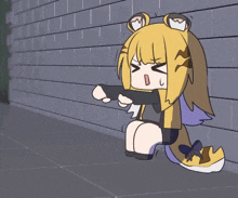 a cartoon drawing of a girl sitting against a wall with her mouth open
