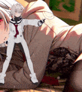 a girl in a white suit and tie is pointing