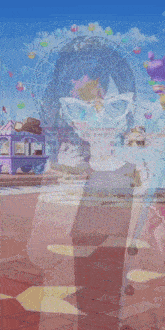 a girl with purple hair wearing sunglasses and a ponytail stands in front of a ferris wheel