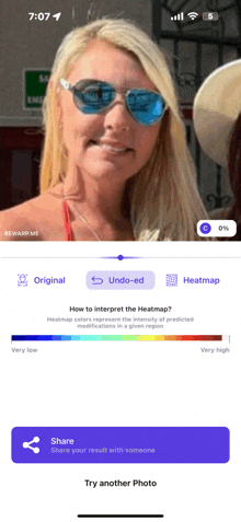 a screenshot of a woman wearing sunglasses and a share button