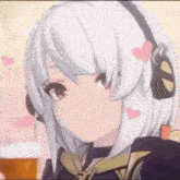 a girl with white hair and headphones is holding a beer .