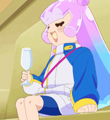 a cartoon character is sitting on a couch holding a glass