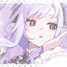 a girl with purple hair and red eyes is holding her hand to her face .
