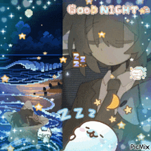 a pixel art of a man in a suit and tie with the words good night written above him