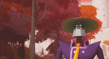 a cartoon character wearing a purple jacket and hat