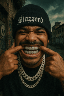 a man wearing a black beanie with blazzard on it