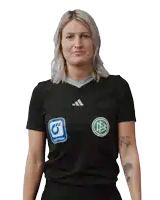 a woman wearing a black adidas shirt has a blue sticker on her chest that says mehrblicke
