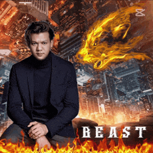 a man in a suit is sitting in front of a poster for beast