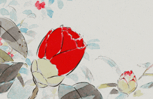 a watercolor painting of a red flower with leaves