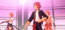 a group of anime characters are standing on a stage holding swords .