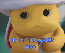 a yellow cartoon character with the words im in the water bro written on it