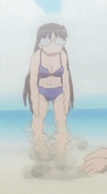 a woman in a purple bikini is standing on a beach