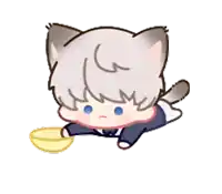 a drawing of a cat with a bowl in its paws