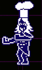 a pixel art of a person wearing a chef 's hat holding a pizza