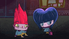 a cartoon drawing of a boy and a girl with hearts on their hair