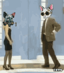 a man and a woman are standing next to each other with cats on their faces and the word cets below them
