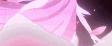 a close up of a pink anime girl 's skirt with petals falling from her hair .