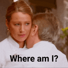 a man kissing a woman on the cheek with the words " where am i " below him