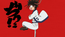 a cartoon character is sitting on a pole in front of a red background with chinese writing