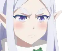 a girl with white hair and purple eyes has an angry expression