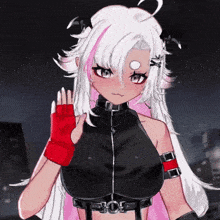 a girl with white hair and pink highlights is wearing red gloves
