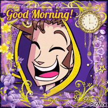 a cartoon of a man smiling with the words good morning