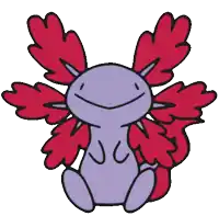 a purple axolotl with red wings and a smiling face