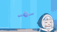 a girl with a shark head is looking for players in a game