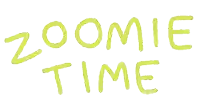 a white background with the words zoomie time written in yellow
