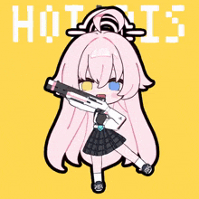 a drawing of a girl with pink hair holding a gun in front of the word hit