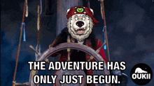 a cartoon of a polar bear holding a steering wheel with the words " the adventure has only just begun " below him