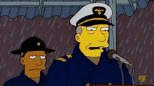 a cartoon man in a captain 's hat is standing in front of a microphone in the rain .
