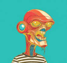 a cartoon drawing of a creature with a striped shirt on
