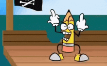 a cartoon pencil with arms and legs is standing on a wooden deck .