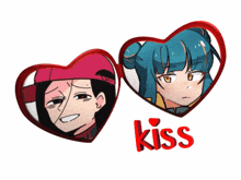 a couple of heart shaped buttons with the word kiss on the bottom